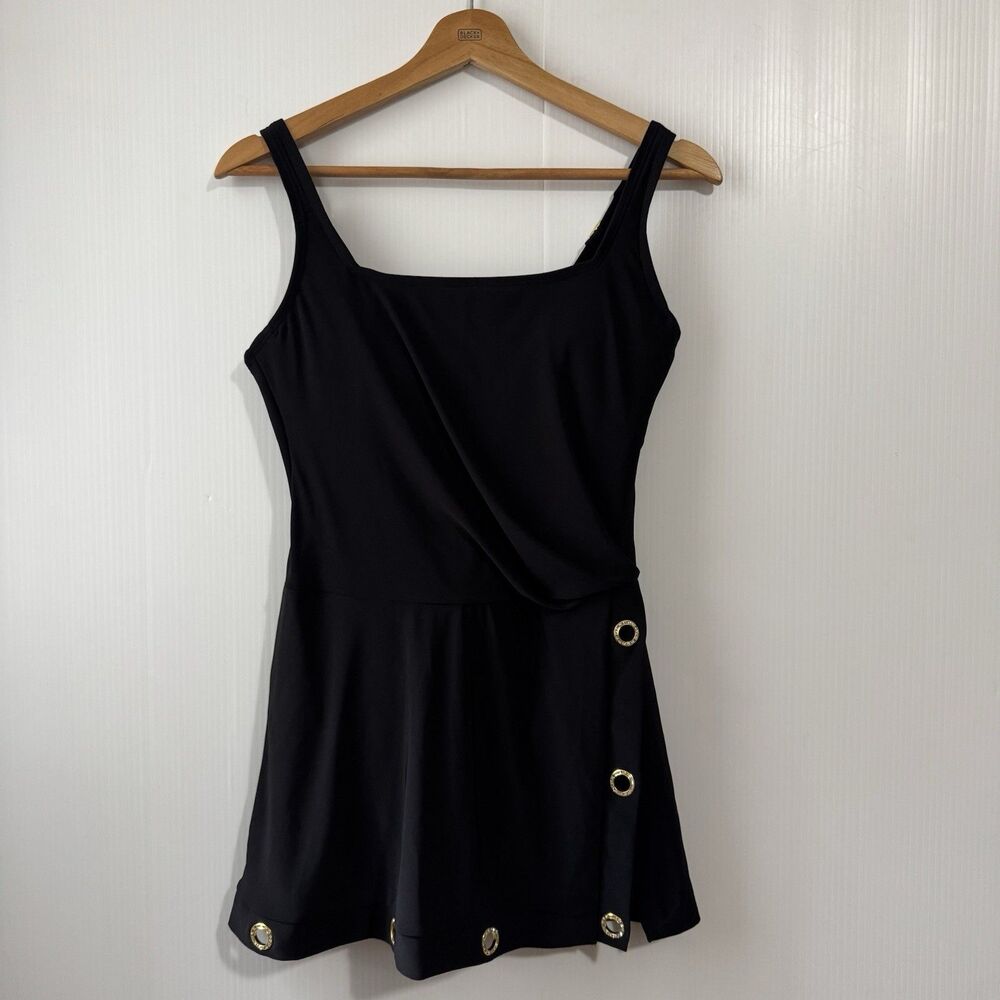 NEW Beyond Control Women's Grommet-Detail Square-Neck Swim Dress - Black Size 8